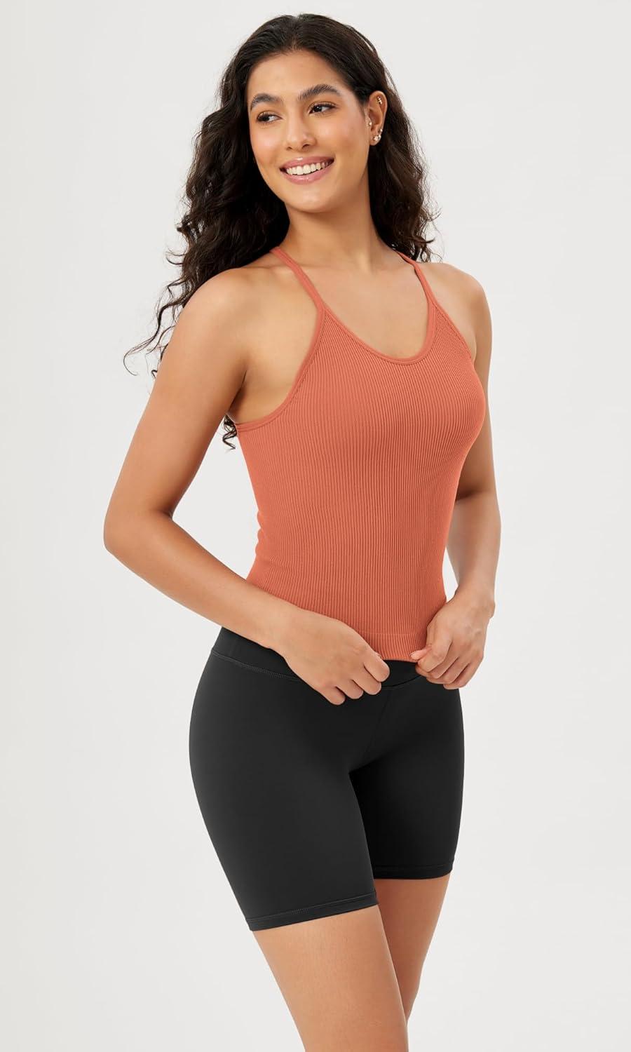 imageODODOS Womens Crop Seamless RibKnit Camisole Strappy Racerback Cropped Tank TopsCoral