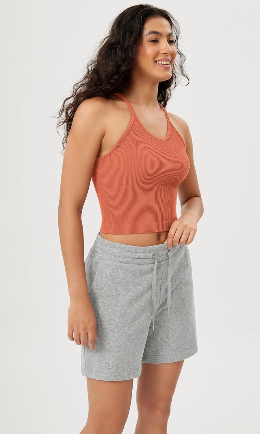 imageODODOS Womens Crop Seamless RibKnit Camisole Strappy Racerback Cropped Tank TopsCoral