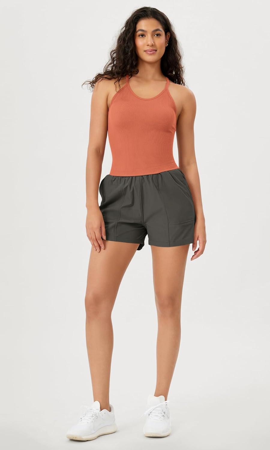imageODODOS Womens Crop Seamless RibKnit Camisole Strappy Racerback Cropped Tank TopsCoral