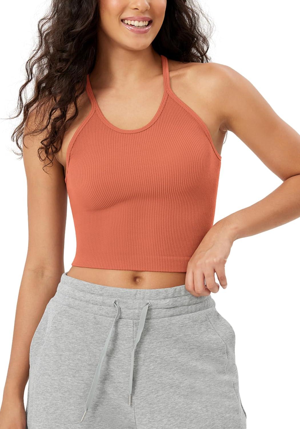 imageODODOS Womens Crop Seamless RibKnit Camisole Strappy Racerback Cropped Tank TopsCoral