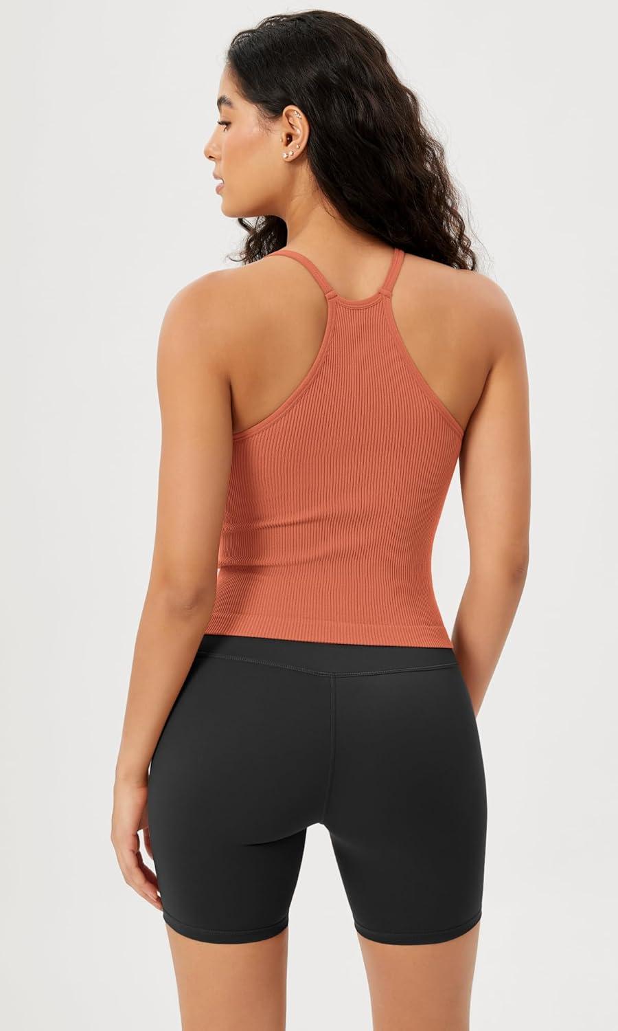 imageODODOS Womens Crop Seamless RibKnit Camisole Strappy Racerback Cropped Tank TopsCoral