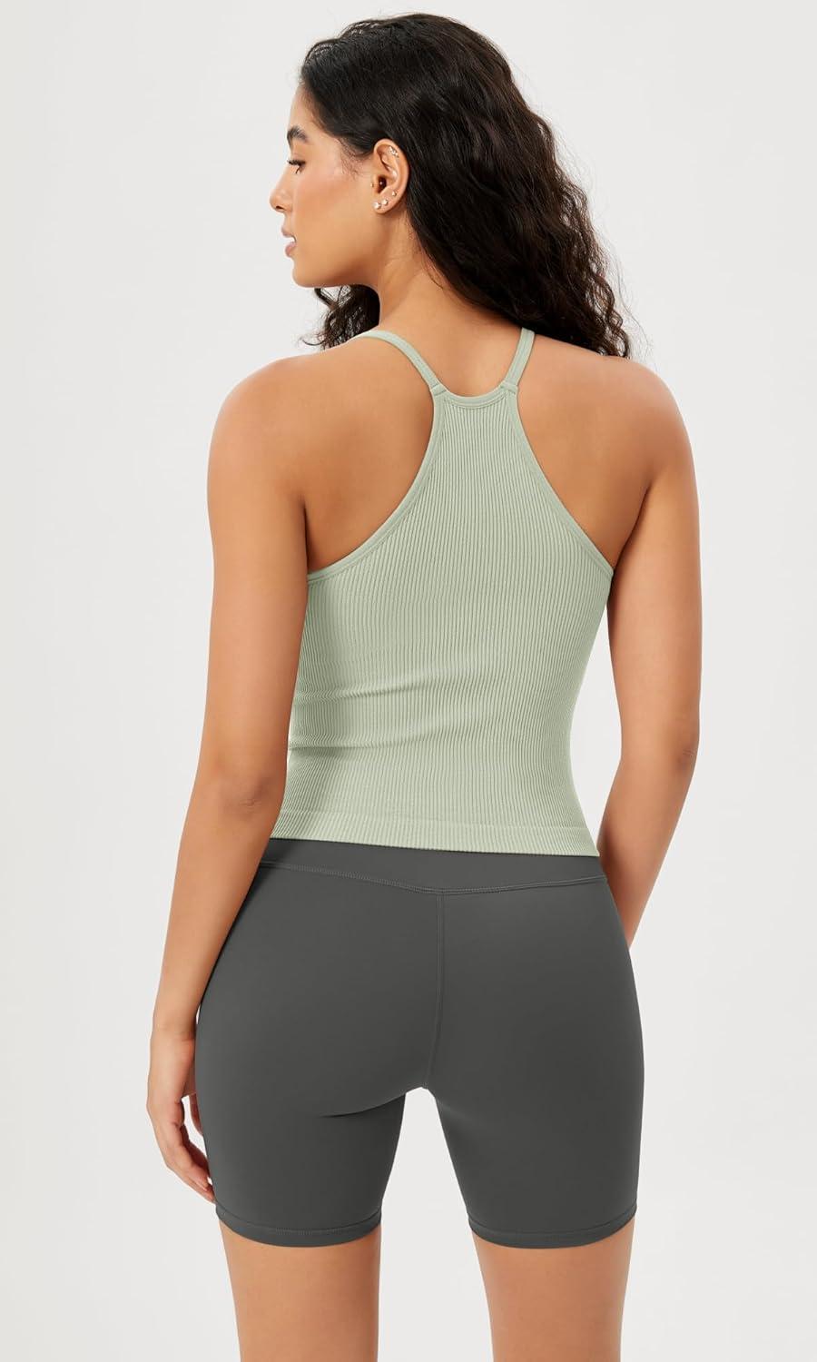 imageODODOS Womens Crop Seamless RibKnit Camisole Strappy Racerback Cropped Tank TopsLint