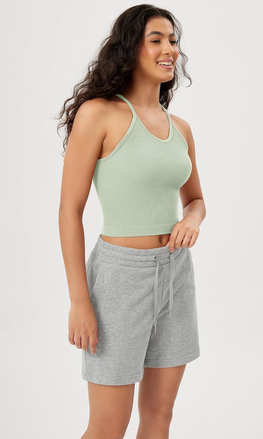 imageODODOS Womens Crop Seamless RibKnit Camisole Strappy Racerback Cropped Tank TopsLint