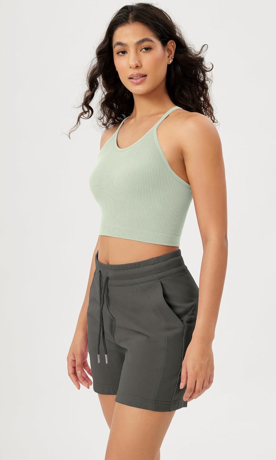 imageODODOS Womens Crop Seamless RibKnit Camisole Strappy Racerback Cropped Tank TopsLint