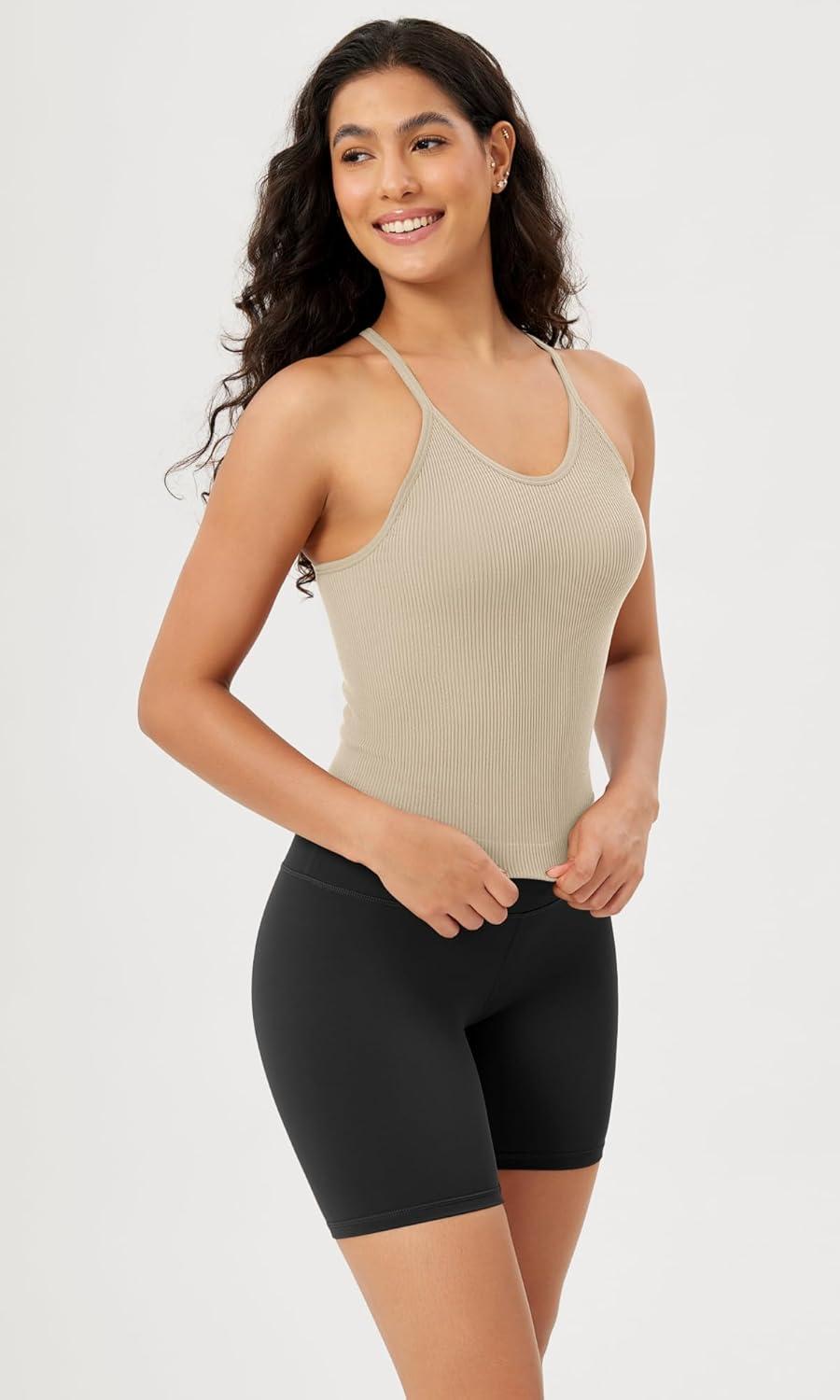 imageODODOS Womens Crop Seamless RibKnit Camisole Strappy Racerback Cropped Tank TopsMushroom