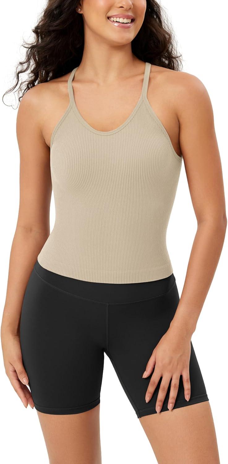 imageODODOS Womens Crop Seamless RibKnit Camisole Strappy Racerback Cropped Tank TopsMushroom