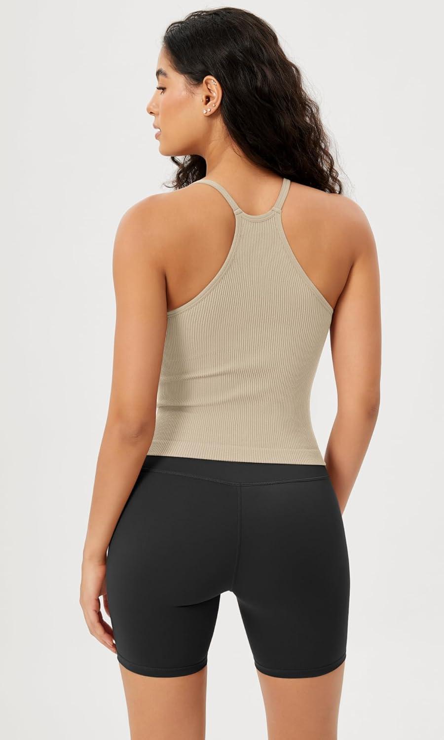 imageODODOS Womens Crop Seamless RibKnit Camisole Strappy Racerback Cropped Tank TopsMushroom