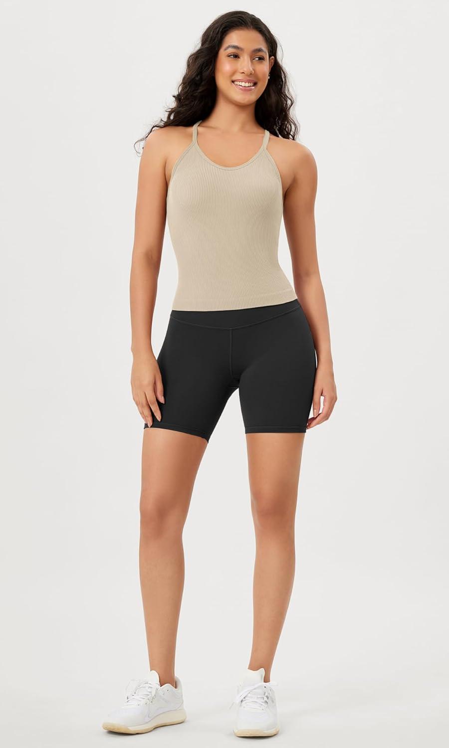 imageODODOS Womens Crop Seamless RibKnit Camisole Strappy Racerback Cropped Tank TopsMushroom