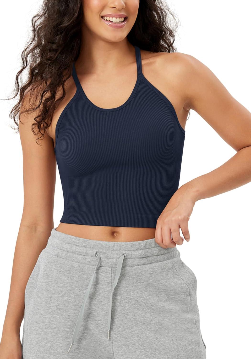 imageODODOS Womens Crop Seamless RibKnit Camisole Strappy Racerback Cropped Tank TopsNavy