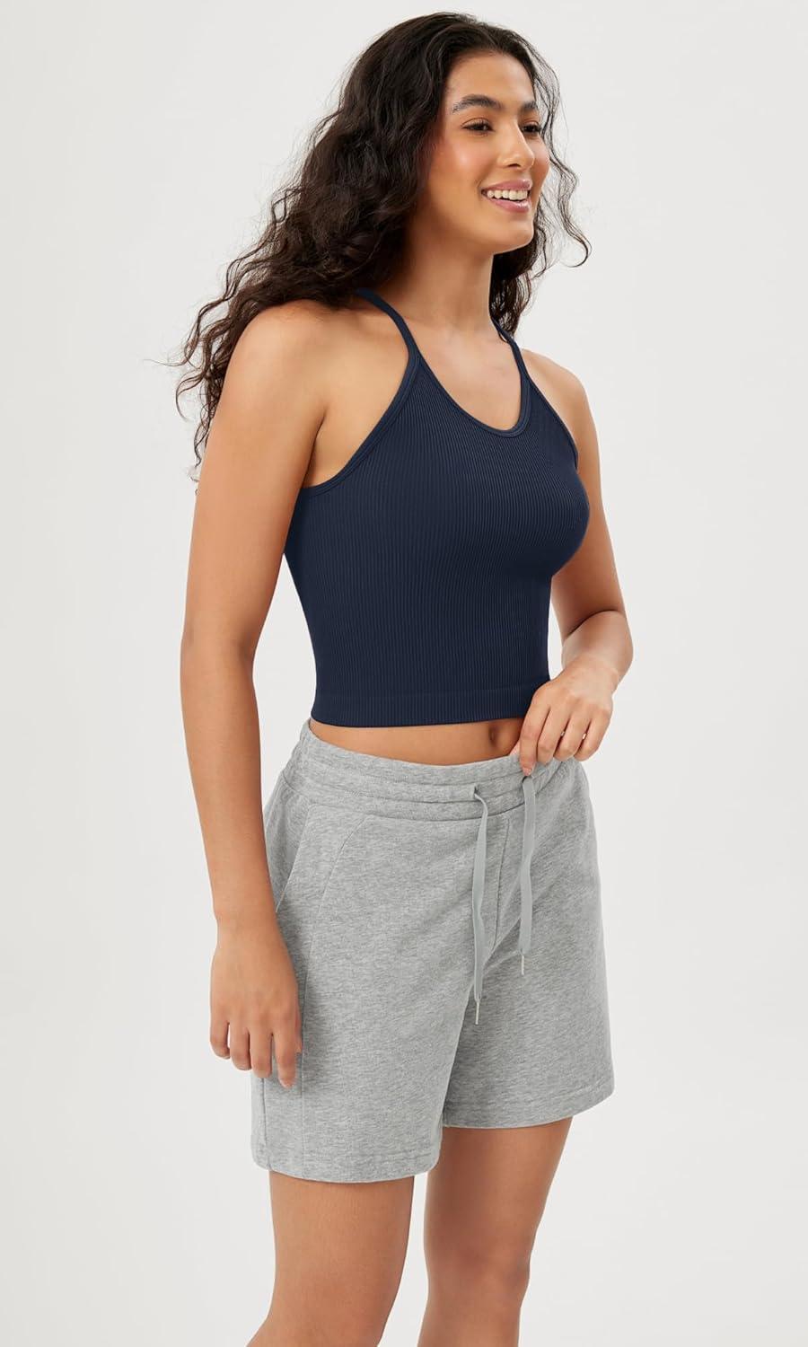 imageODODOS Womens Crop Seamless RibKnit Camisole Strappy Racerback Cropped Tank TopsNavy