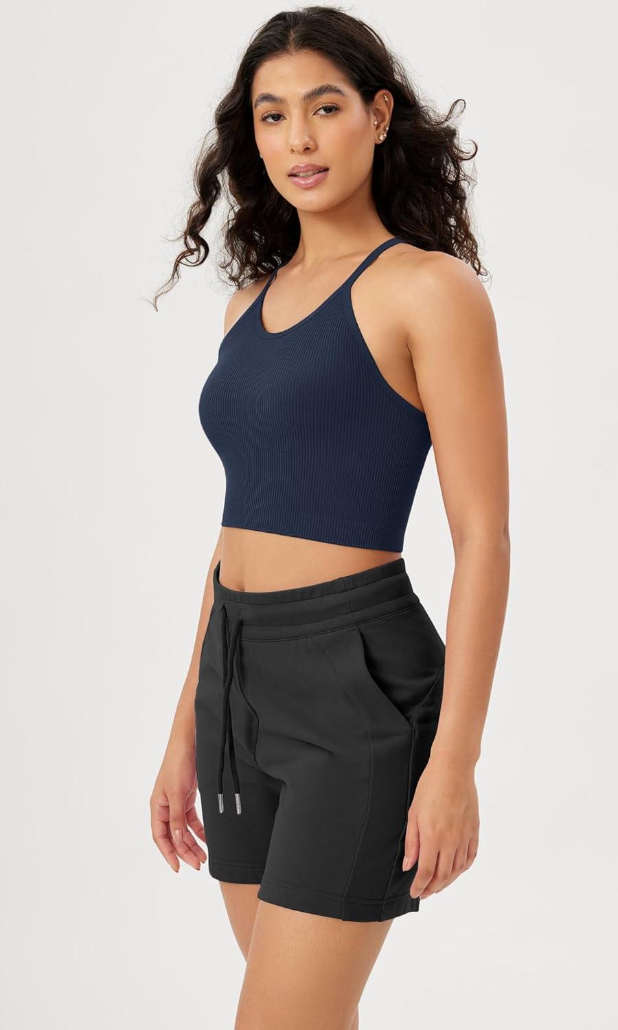 imageODODOS Womens Crop Seamless RibKnit Camisole Strappy Racerback Cropped Tank TopsNavy
