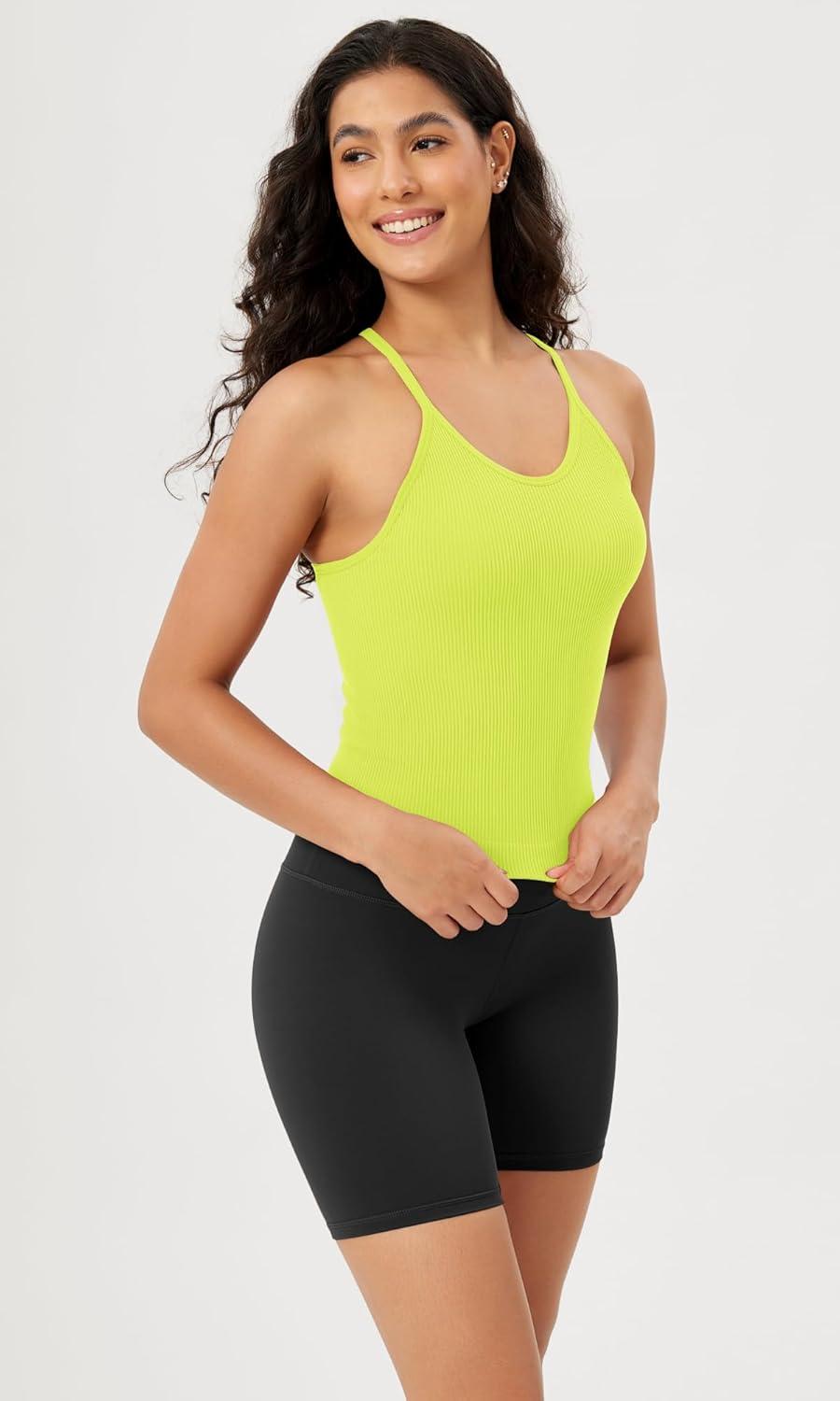 imageODODOS Womens Crop Seamless RibKnit Camisole Strappy Racerback Cropped Tank TopsNeon Green