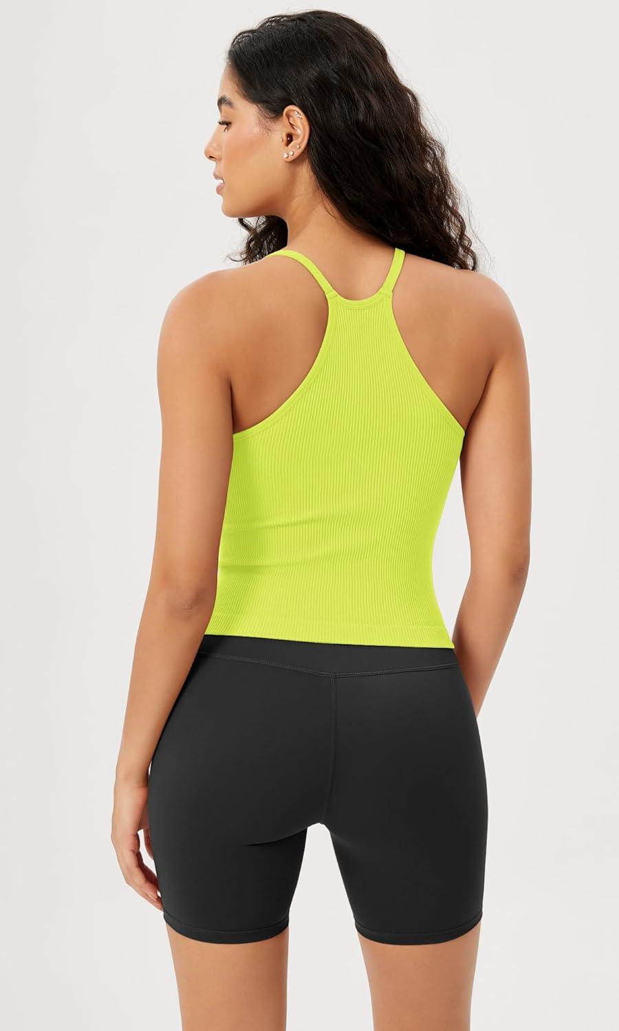 imageODODOS Womens Crop Seamless RibKnit Camisole Strappy Racerback Cropped Tank TopsNeon Green