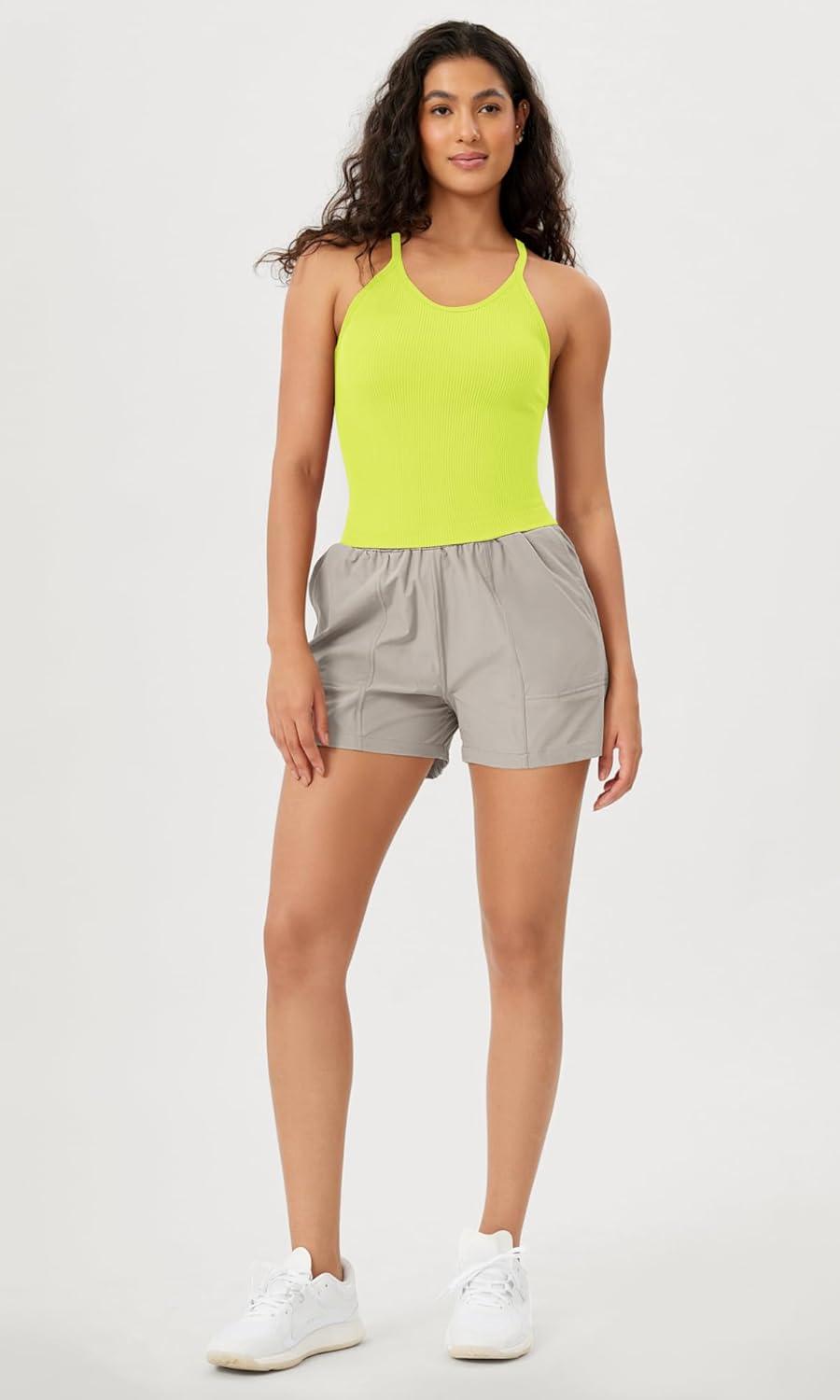imageODODOS Womens Crop Seamless RibKnit Camisole Strappy Racerback Cropped Tank TopsNeon Green