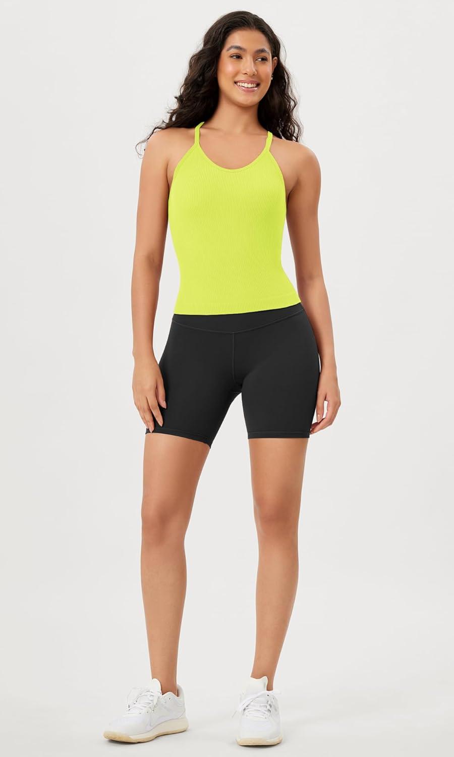 imageODODOS Womens Crop Seamless RibKnit Camisole Strappy Racerback Cropped Tank TopsNeon Green