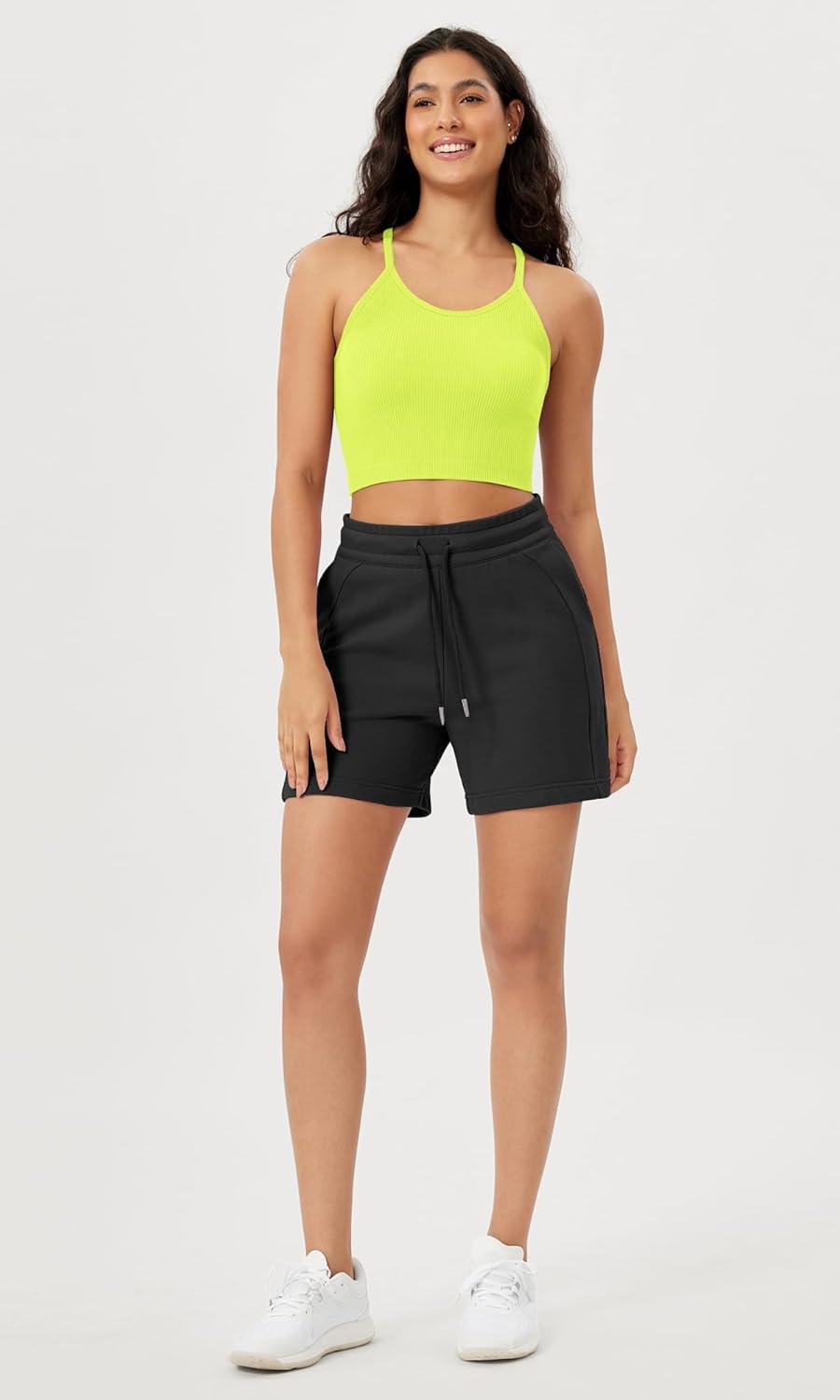 imageODODOS Womens Crop Seamless RibKnit Camisole Strappy Racerback Cropped Tank TopsNeon Green
