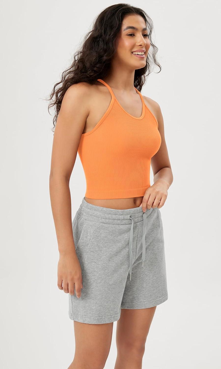 imageODODOS Womens Crop Seamless RibKnit Camisole Strappy Racerback Cropped Tank TopsNeon Orange