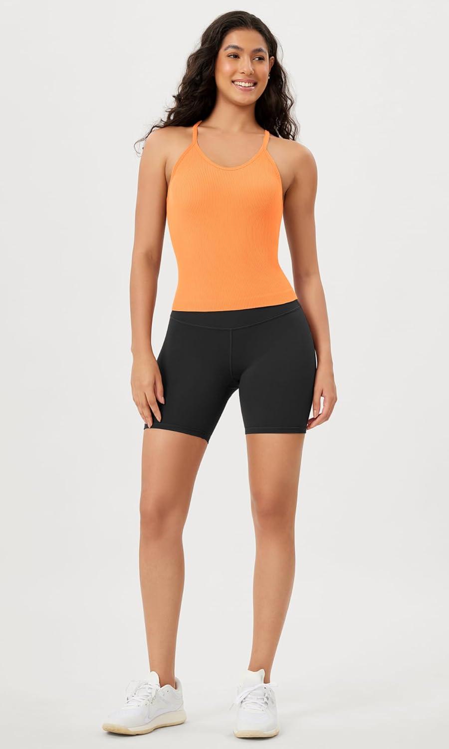 imageODODOS Womens Crop Seamless RibKnit Camisole Strappy Racerback Cropped Tank TopsNeon Orange