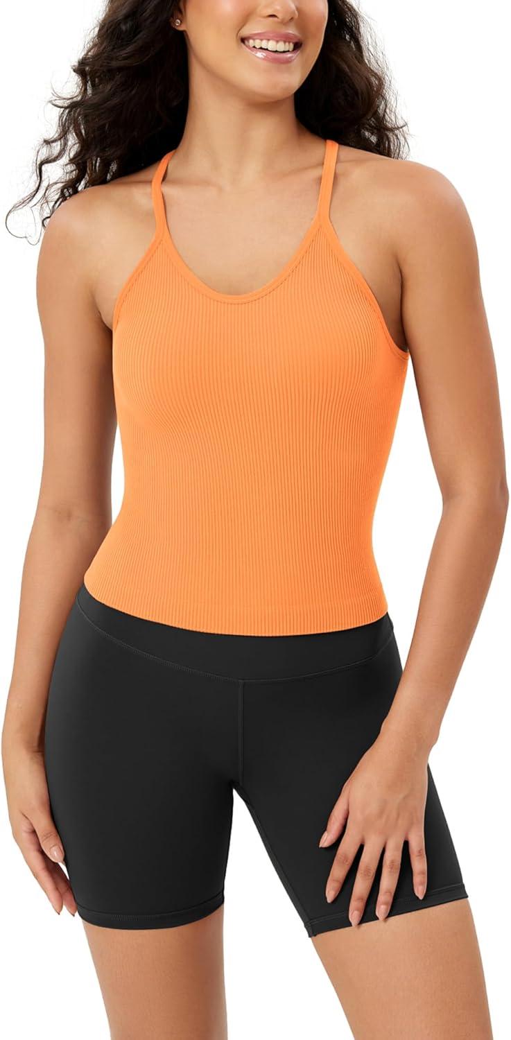 imageODODOS Womens Crop Seamless RibKnit Camisole Strappy Racerback Cropped Tank TopsNeon Orange