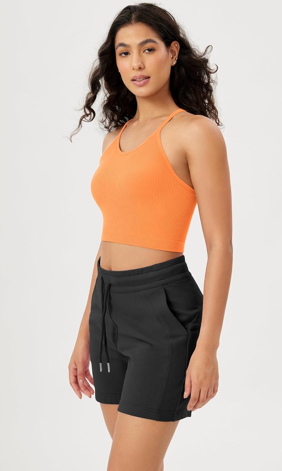 imageODODOS Womens Crop Seamless RibKnit Camisole Strappy Racerback Cropped Tank TopsNeon Orange