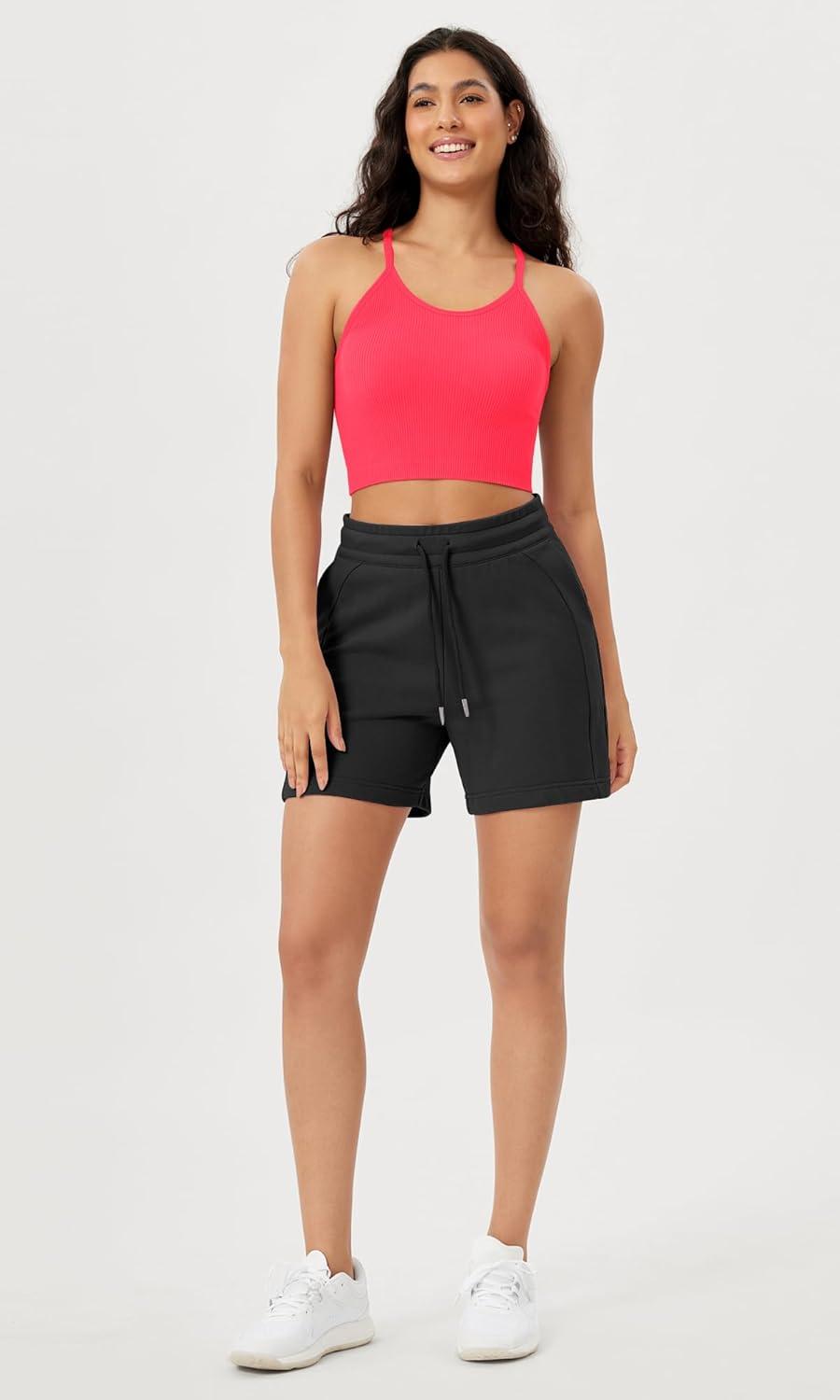imageODODOS Womens Crop Seamless RibKnit Camisole Strappy Racerback Cropped Tank TopsNeon Pink