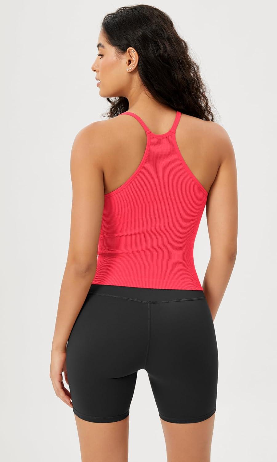 imageODODOS Womens Crop Seamless RibKnit Camisole Strappy Racerback Cropped Tank TopsNeon Pink
