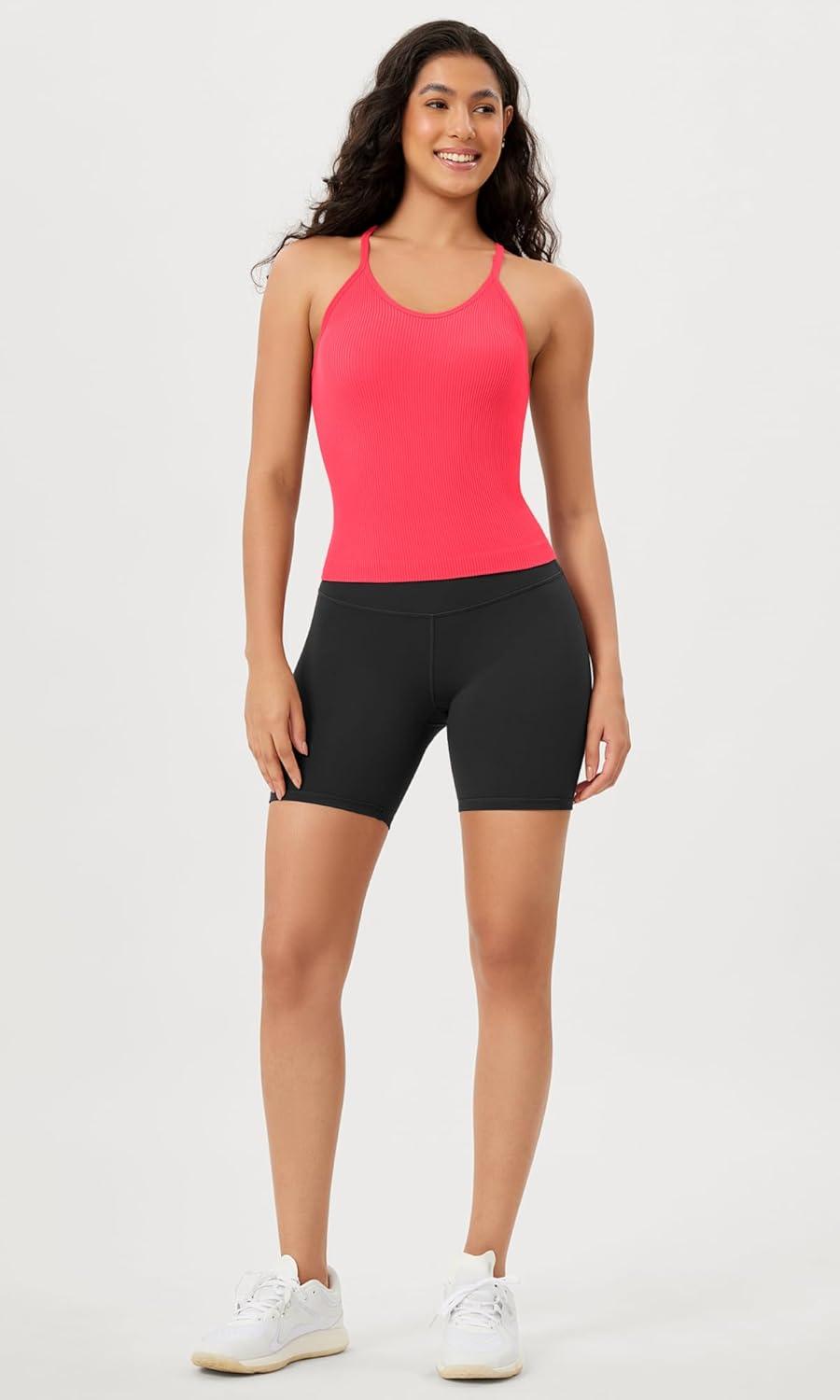 imageODODOS Womens Crop Seamless RibKnit Camisole Strappy Racerback Cropped Tank TopsNeon Pink