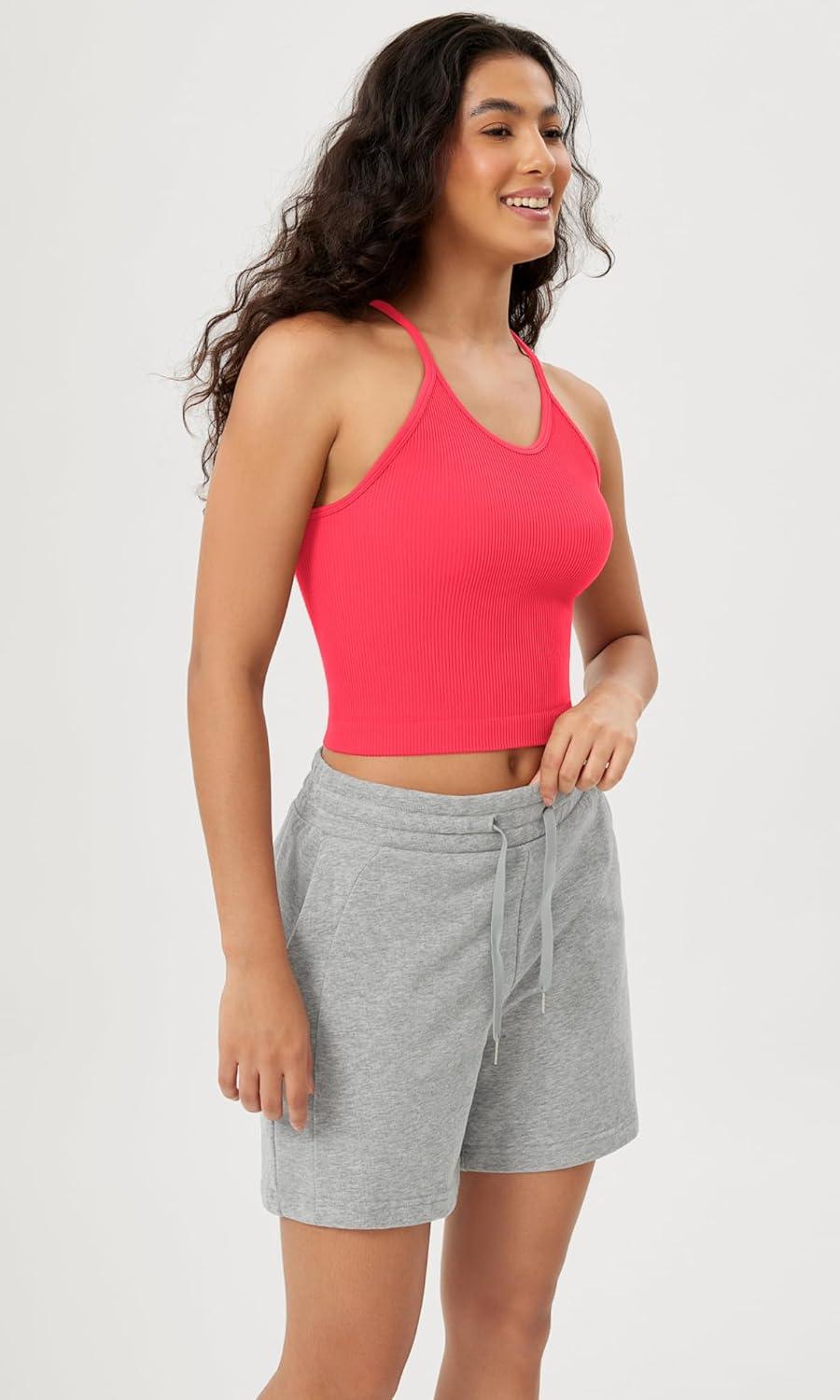 imageODODOS Womens Crop Seamless RibKnit Camisole Strappy Racerback Cropped Tank TopsNeon Pink