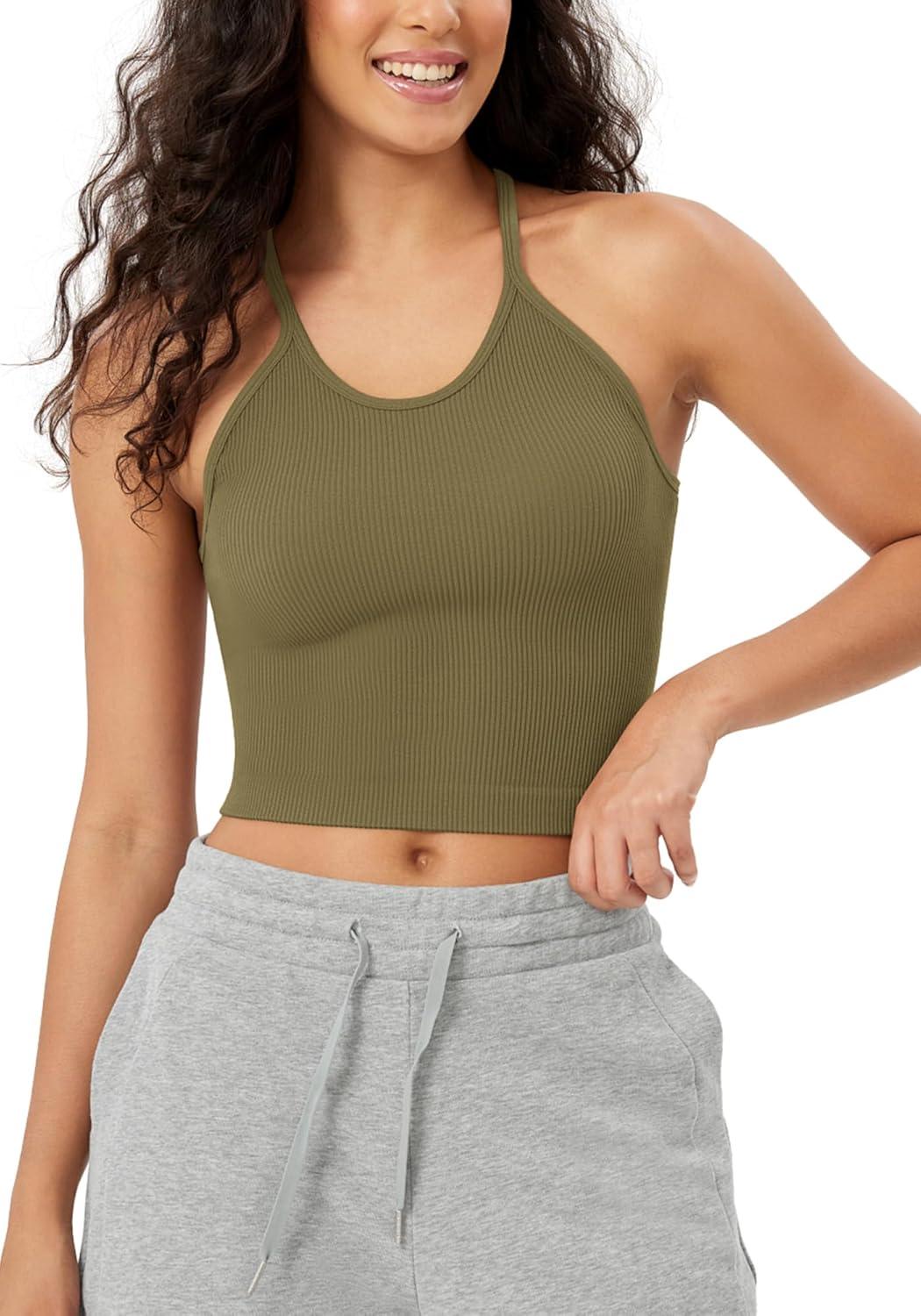 imageODODOS Womens Crop Seamless RibKnit Camisole Strappy Racerback Cropped Tank TopsNutria