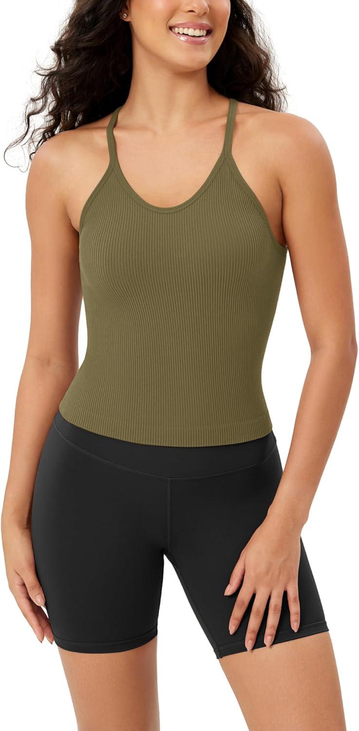 imageODODOS Womens Crop Seamless RibKnit Camisole Strappy Racerback Cropped Tank TopsNutria