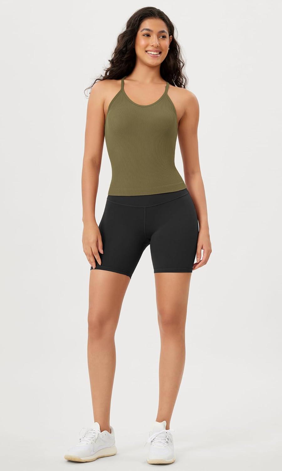 imageODODOS Womens Crop Seamless RibKnit Camisole Strappy Racerback Cropped Tank TopsNutria