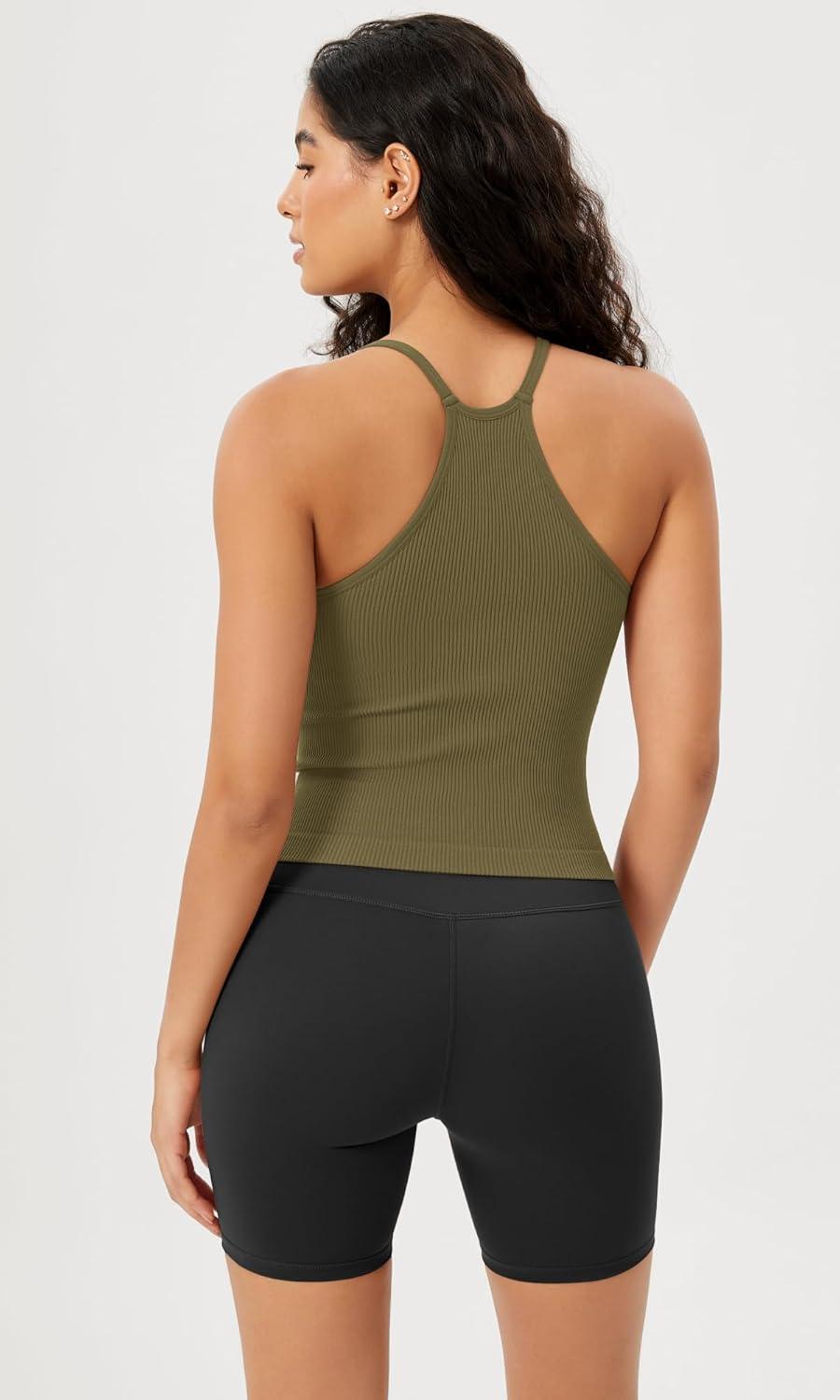 imageODODOS Womens Crop Seamless RibKnit Camisole Strappy Racerback Cropped Tank TopsNutria