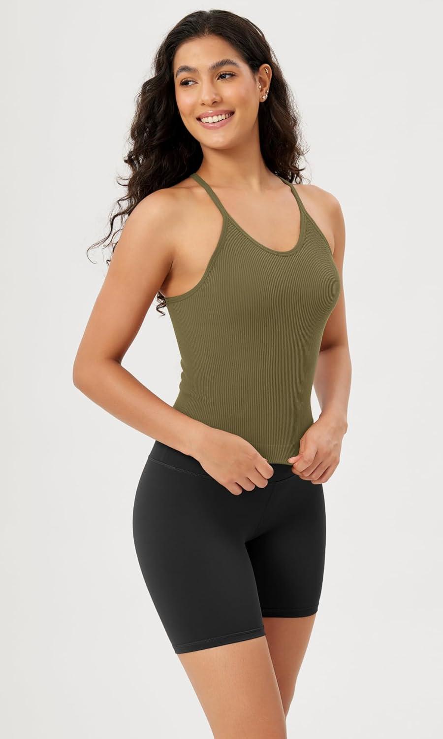 imageODODOS Womens Crop Seamless RibKnit Camisole Strappy Racerback Cropped Tank TopsNutria