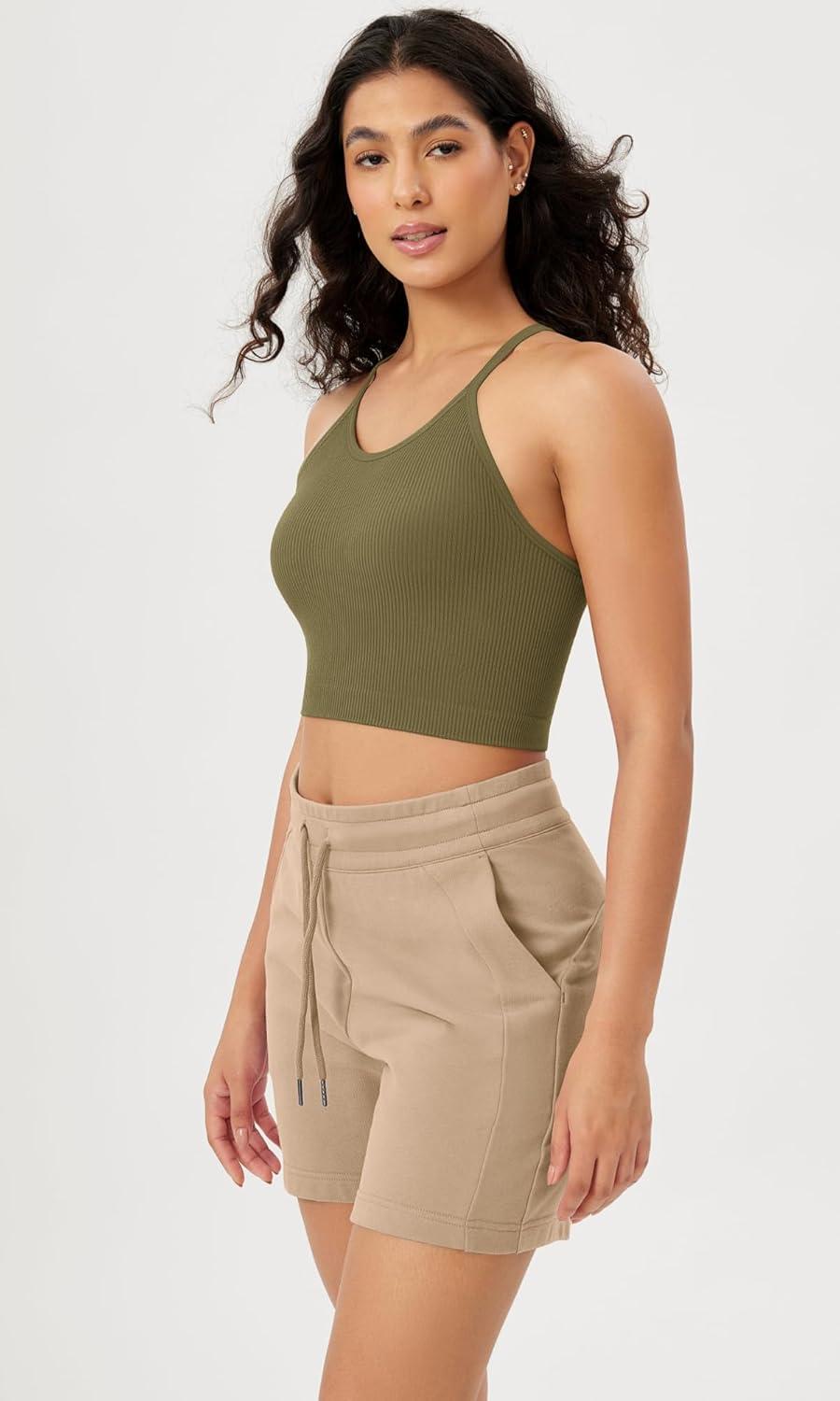 imageODODOS Womens Crop Seamless RibKnit Camisole Strappy Racerback Cropped Tank TopsNutria