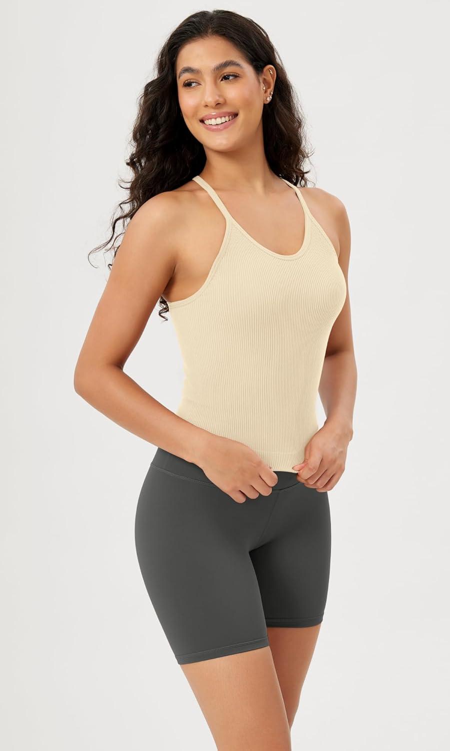 imageODODOS Womens Crop Seamless RibKnit Camisole Strappy Racerback Cropped Tank TopsOatmeal