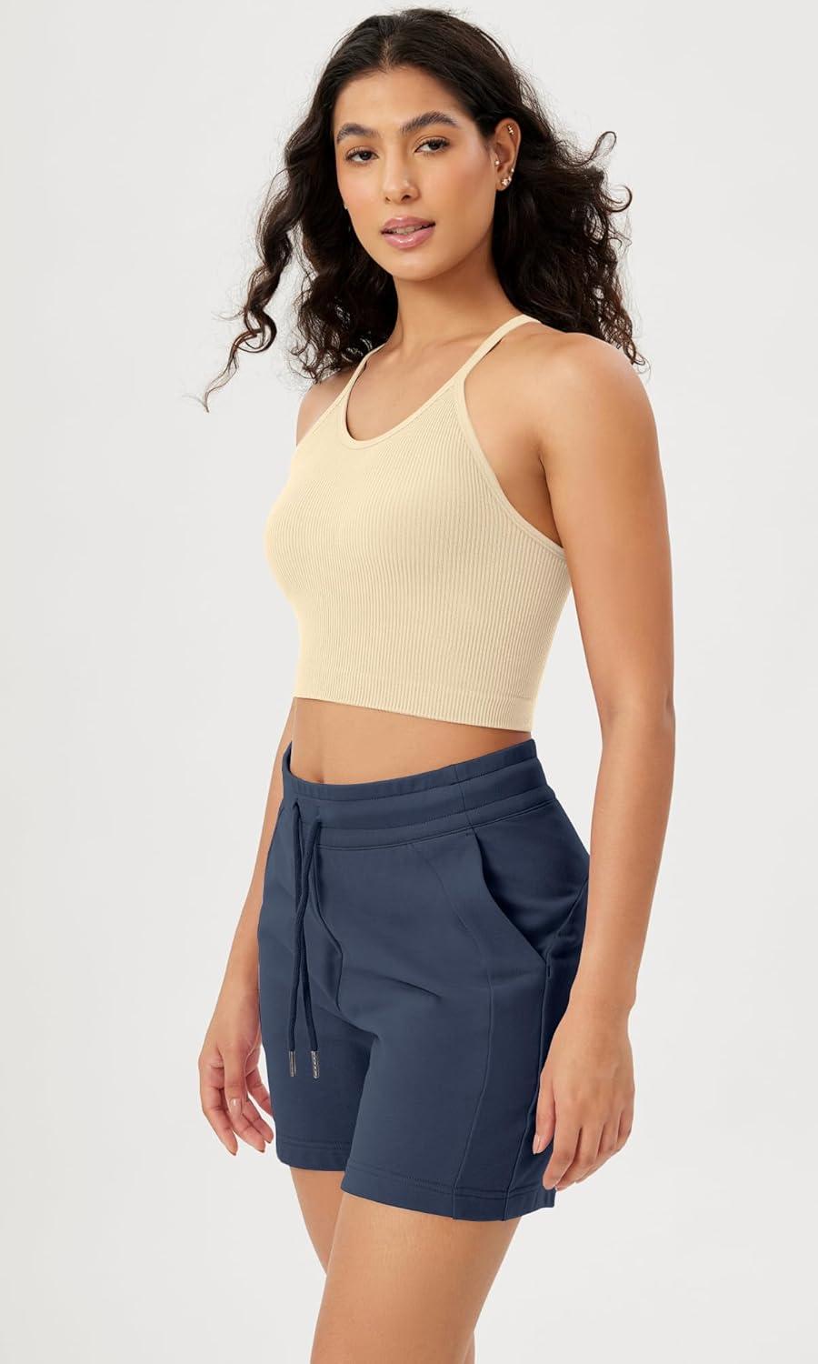 imageODODOS Womens Crop Seamless RibKnit Camisole Strappy Racerback Cropped Tank TopsOatmeal