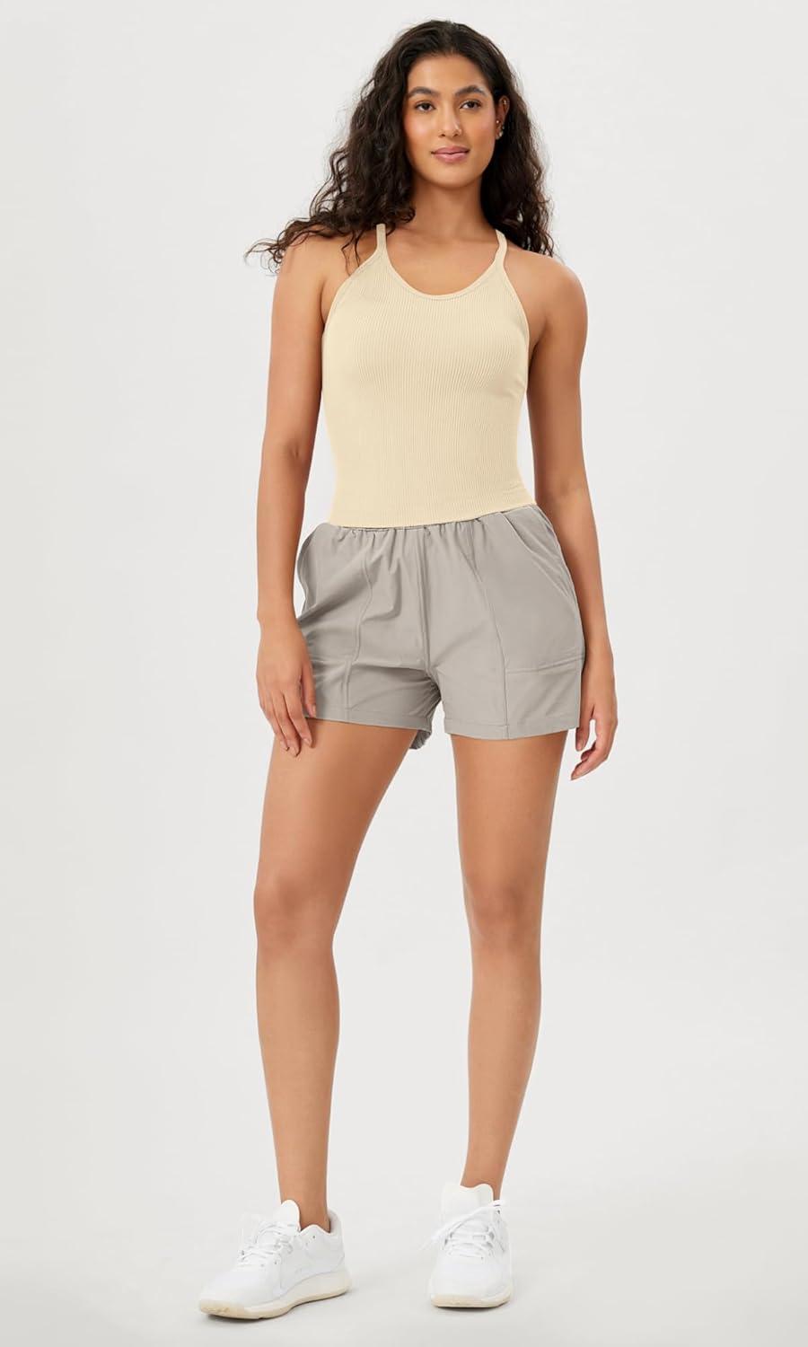 imageODODOS Womens Crop Seamless RibKnit Camisole Strappy Racerback Cropped Tank TopsOatmeal