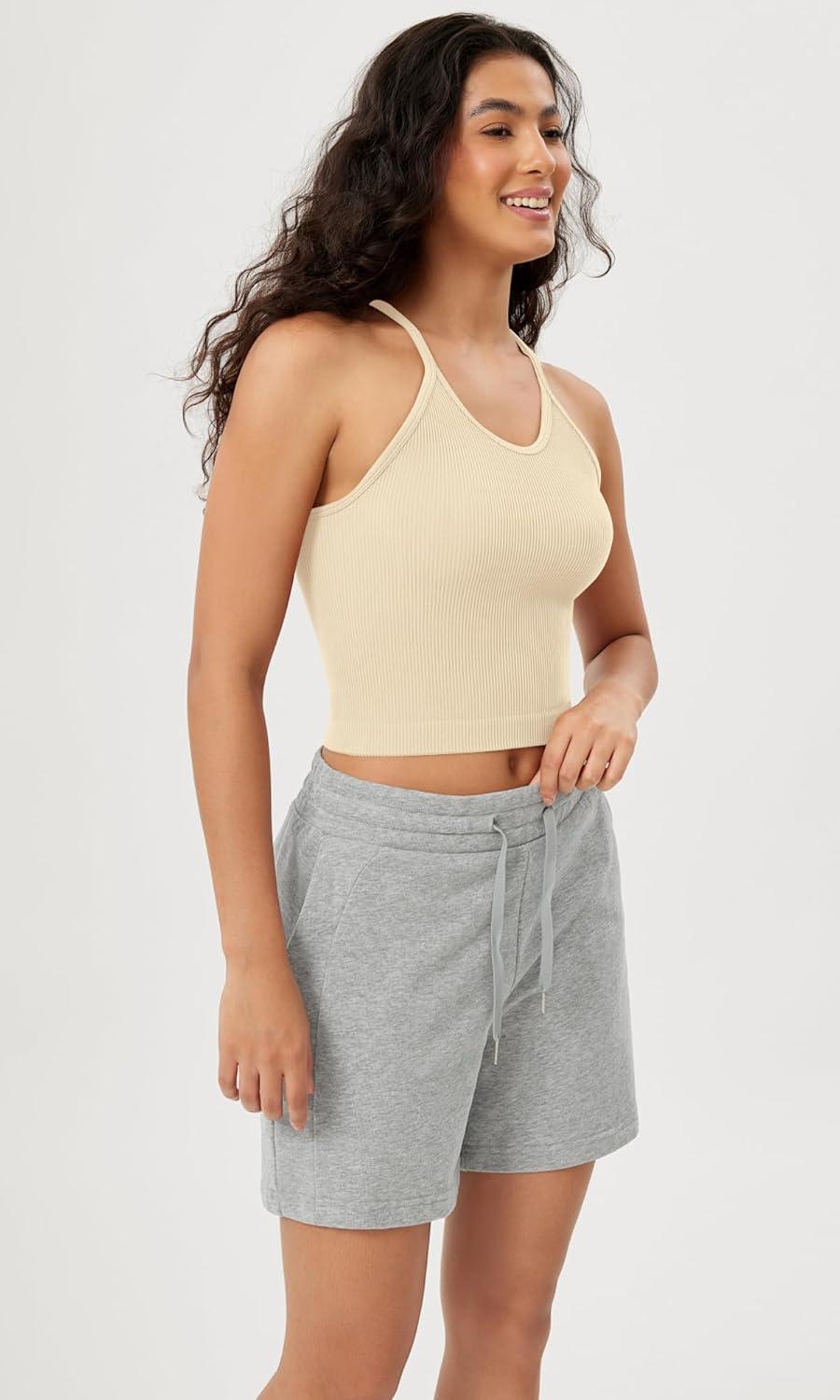 imageODODOS Womens Crop Seamless RibKnit Camisole Strappy Racerback Cropped Tank TopsOatmeal