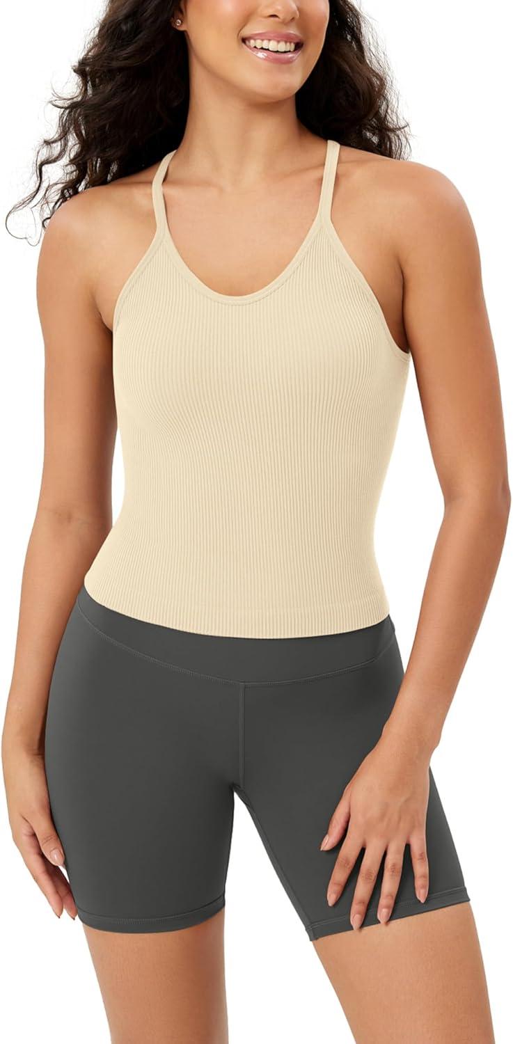 imageODODOS Womens Crop Seamless RibKnit Camisole Strappy Racerback Cropped Tank TopsOatmeal
