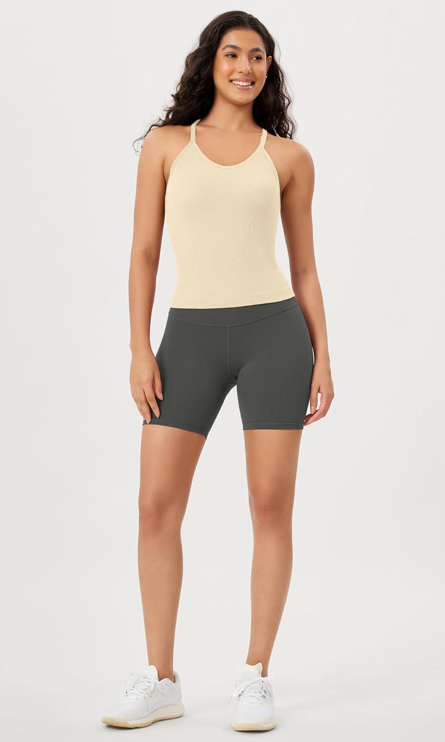 imageODODOS Womens Crop Seamless RibKnit Camisole Strappy Racerback Cropped Tank TopsOatmeal