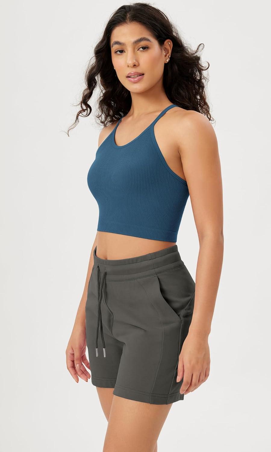 imageODODOS Womens Crop Seamless RibKnit Camisole Strappy Racerback Cropped Tank TopsOcean