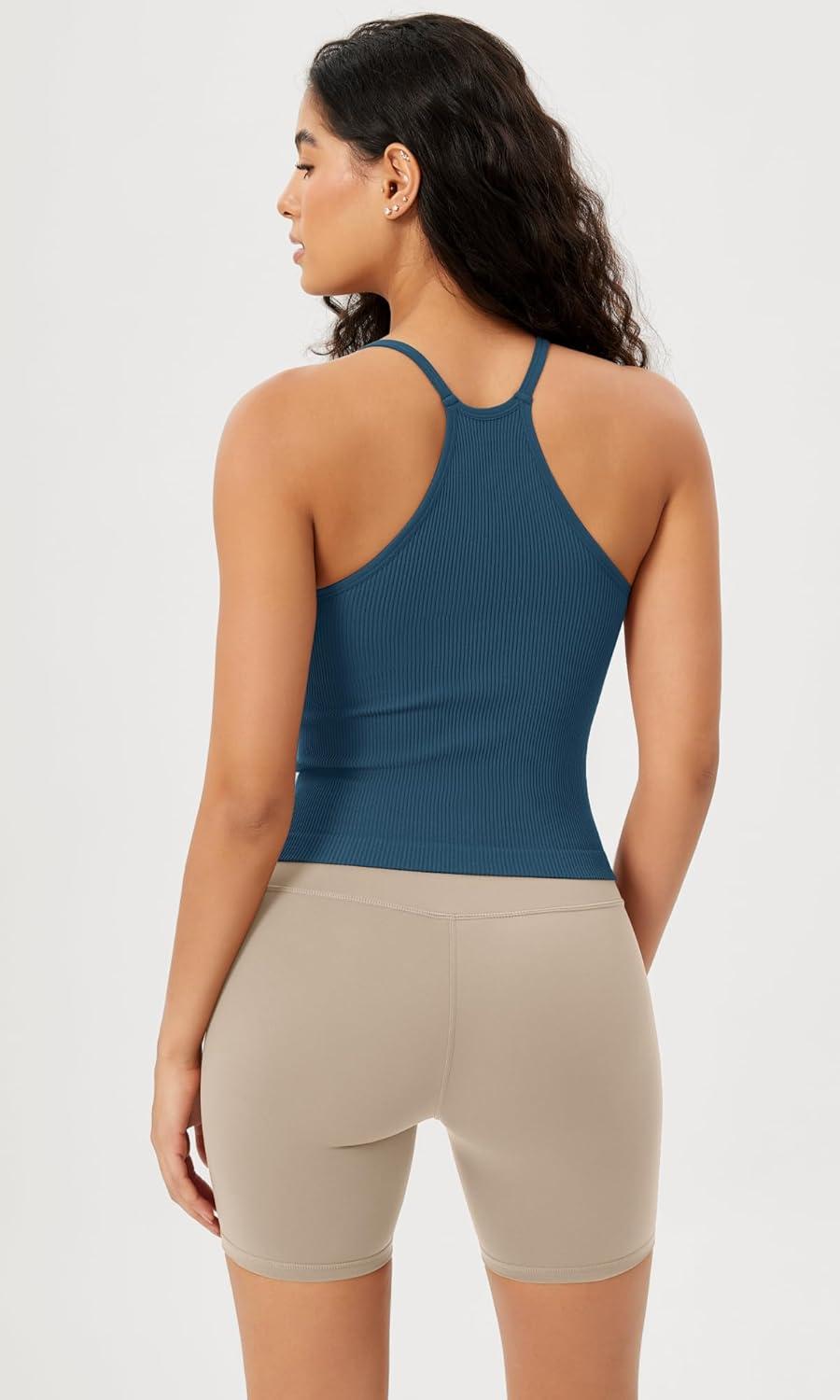 imageODODOS Womens Crop Seamless RibKnit Camisole Strappy Racerback Cropped Tank TopsOcean