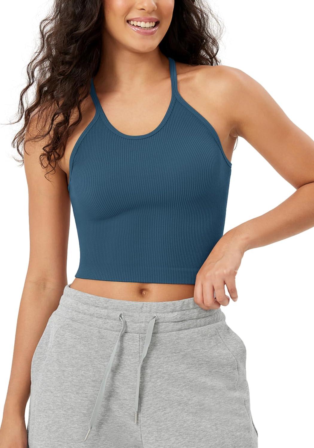 imageODODOS Womens Crop Seamless RibKnit Camisole Strappy Racerback Cropped Tank TopsOcean