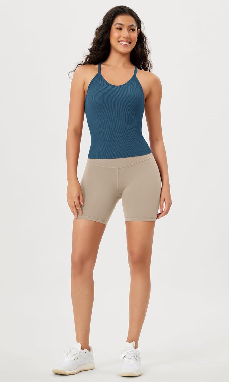 imageODODOS Womens Crop Seamless RibKnit Camisole Strappy Racerback Cropped Tank TopsOcean