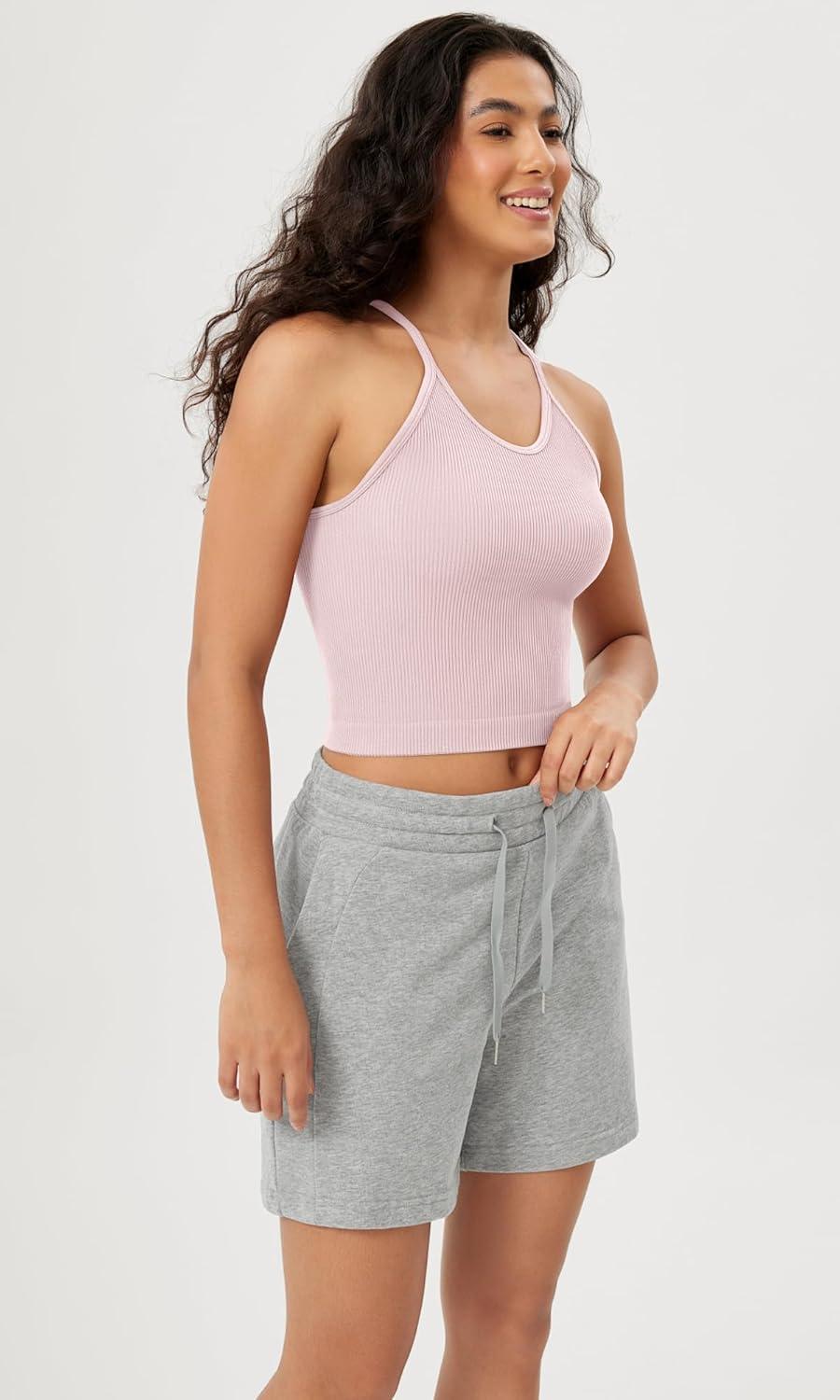 imageODODOS Womens Crop Seamless RibKnit Camisole Strappy Racerback Cropped Tank TopsPink Lace