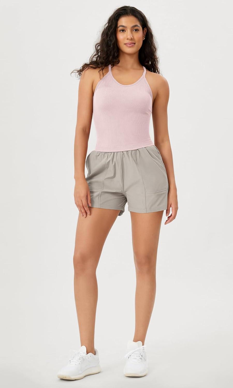 imageODODOS Womens Crop Seamless RibKnit Camisole Strappy Racerback Cropped Tank TopsPink Lace
