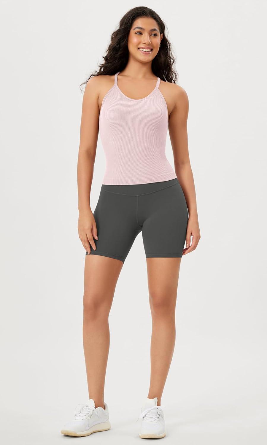imageODODOS Womens Crop Seamless RibKnit Camisole Strappy Racerback Cropped Tank TopsPink Lace