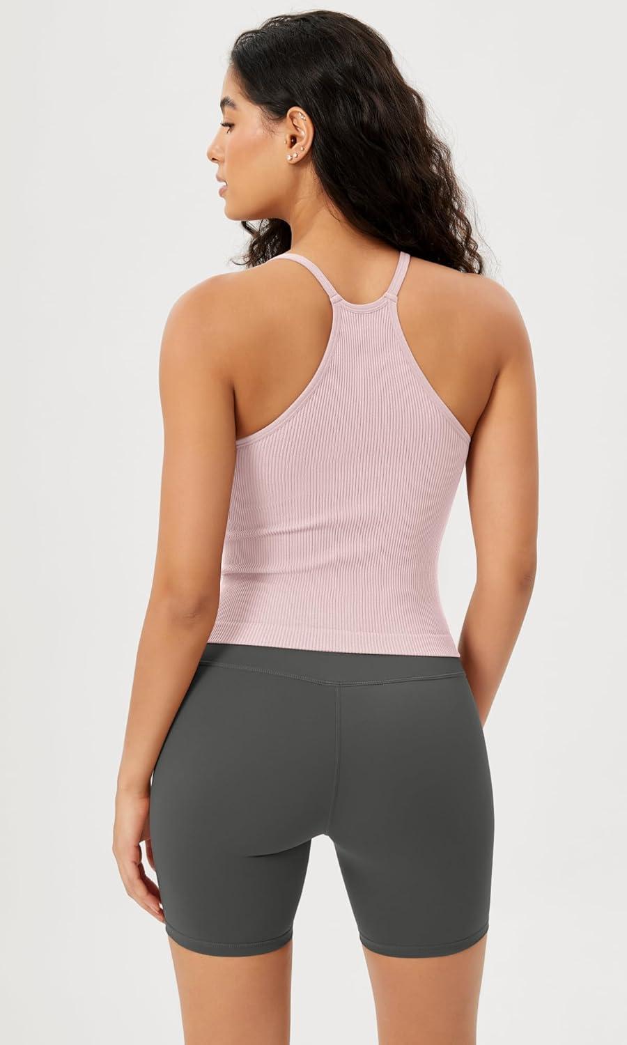 imageODODOS Womens Crop Seamless RibKnit Camisole Strappy Racerback Cropped Tank TopsPink Lace