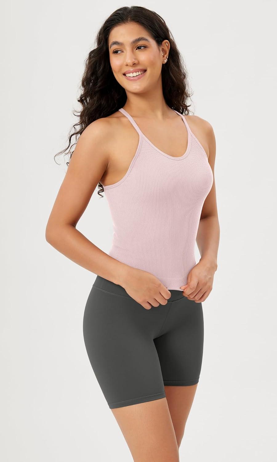imageODODOS Womens Crop Seamless RibKnit Camisole Strappy Racerback Cropped Tank TopsPink Lace