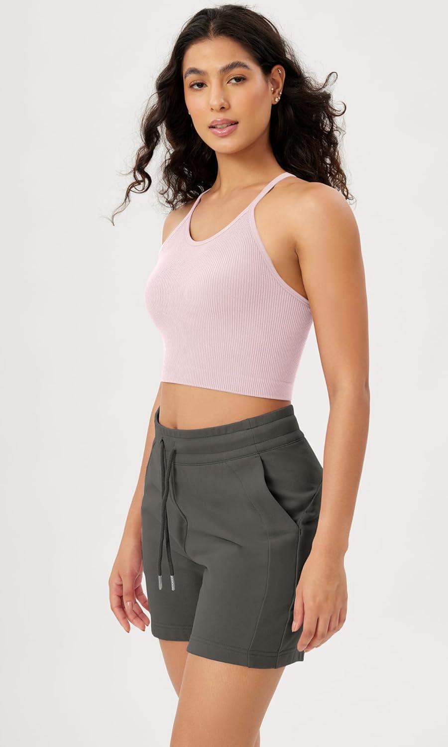 imageODODOS Womens Crop Seamless RibKnit Camisole Strappy Racerback Cropped Tank TopsPink Lace